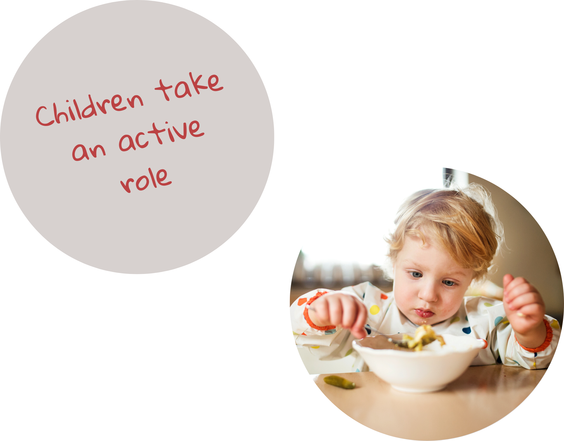 Children take an active role and a toddler boy eating food with a spoon from a bowl