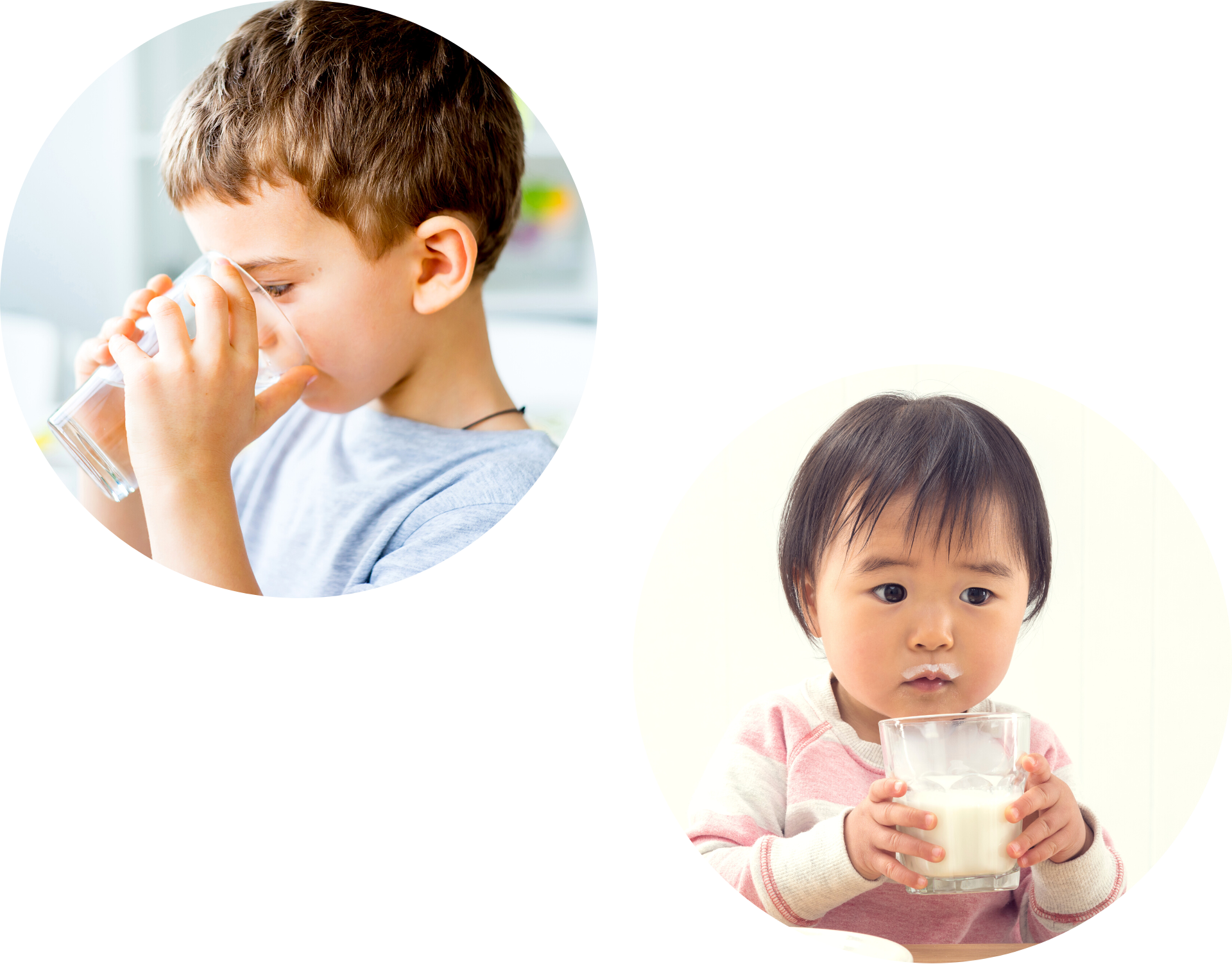 Two circular image of a young boy drinking water and a young girl holding a glass of milk, having a milk moustache around her mouth in childcare