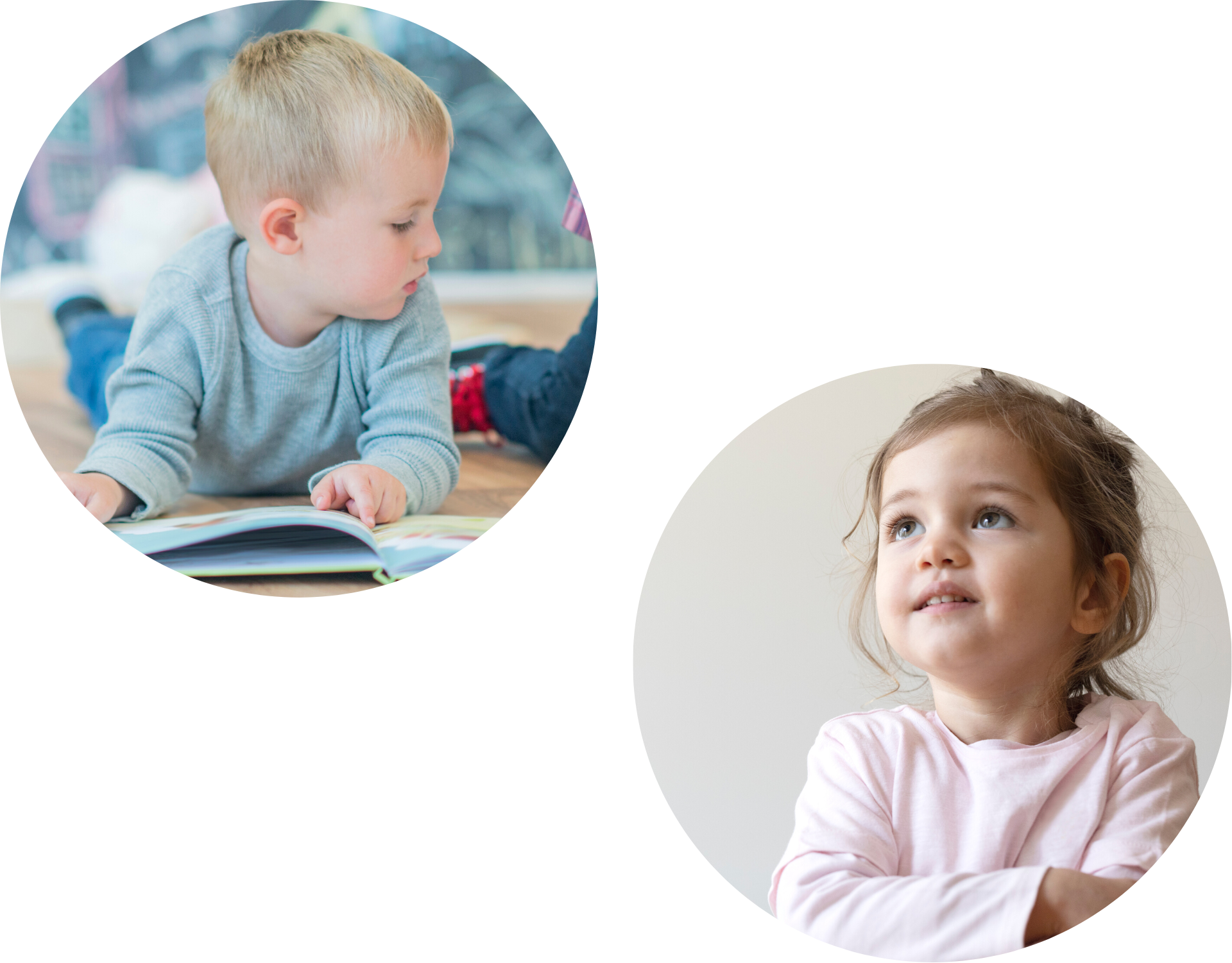 Two circular images of a young boy who opened a book and a young girl looking up indoors in a nursery