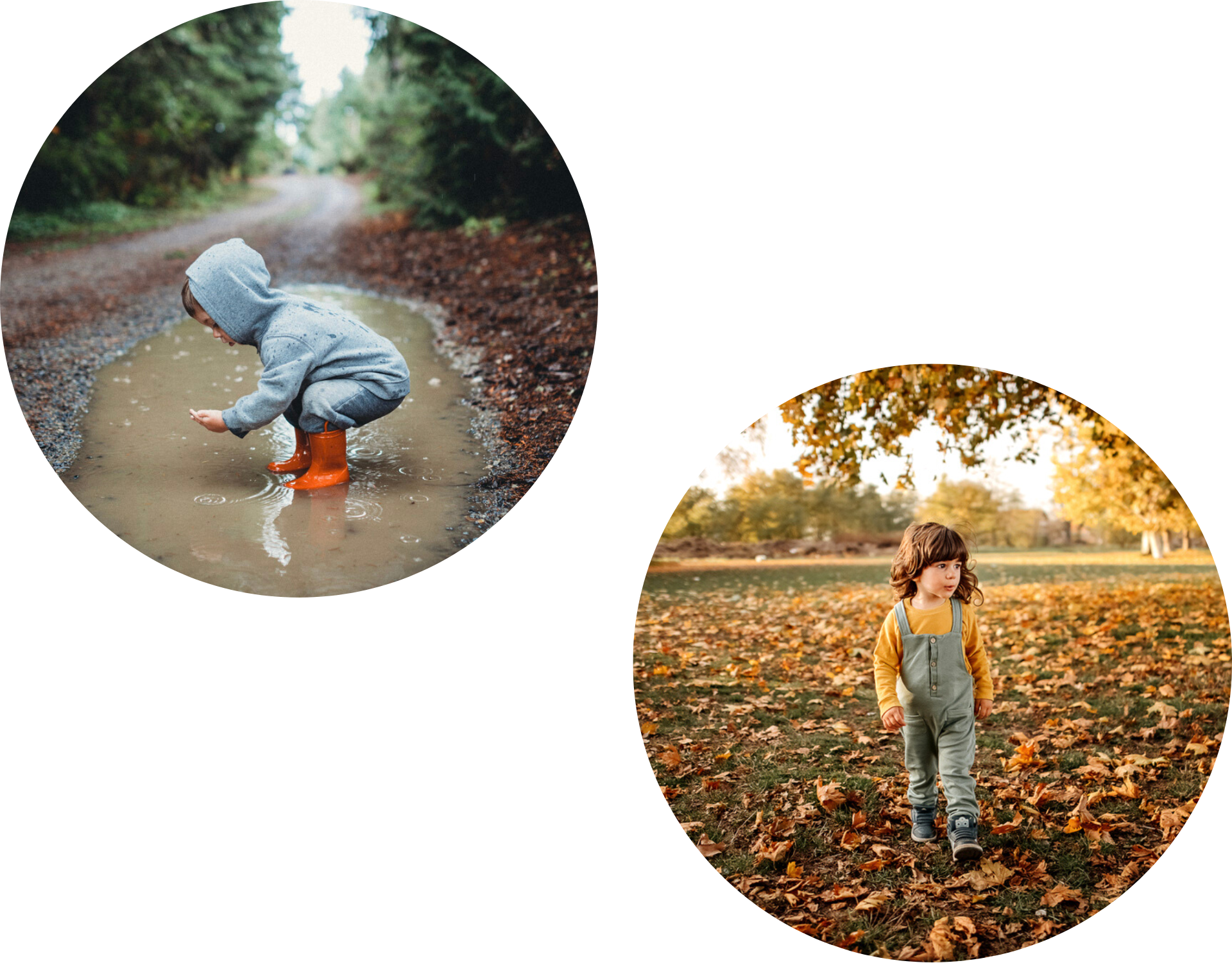 Two circular images of children playing outside - a boy wearing a ng a hoodie and red rubber boots in a puddle and a girl walking in a park among yellow fallen leaves